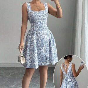 SHEIN Blue Floral Skater Dress Open Back Bow Tie Mini Dress